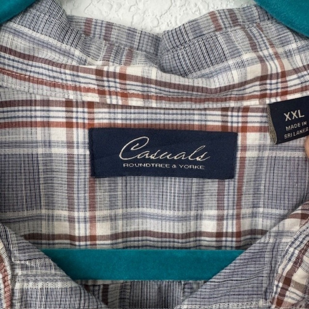 Roundtree & Yorke Casuals Shirt Mens XXL Blue Brown Plaid Cotton Short Sleeve - Picture 8 of 8